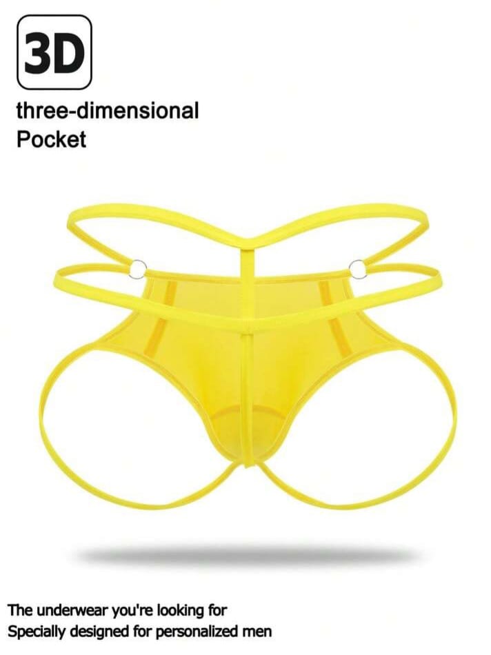 Lace Up Breathable Minimalist Geometric Print Decorative Ring Yellow Thong Underwear